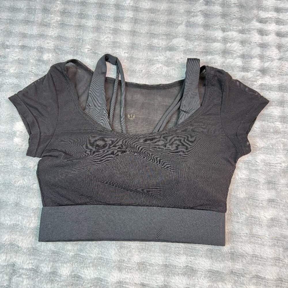 Lululemon Sheer Mesh Cap Sleeve Bra S Black T9474 Strappy Back Training